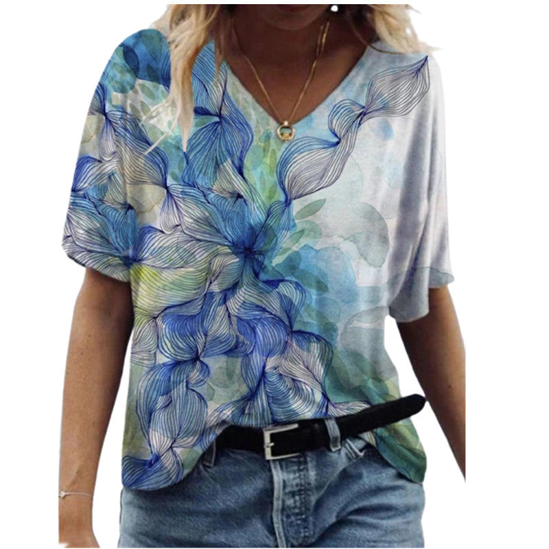 Fashion Women's Printed V-neck Short T-shirt - Amazhona 