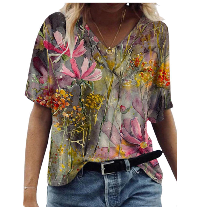 Fashion Women's Printed V-neck Short T-shirt - Amazhona 