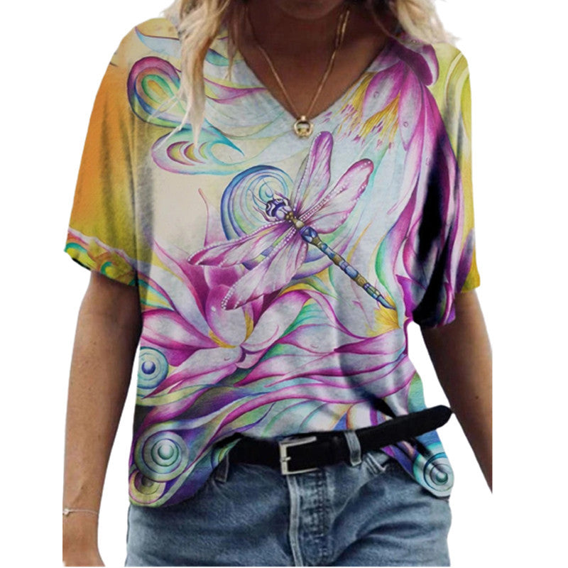 Fashion Women's Printed V-neck Short T-shirt - Amazhona 