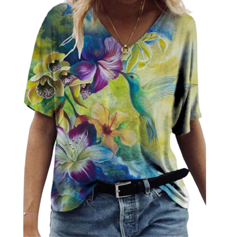 Fashion Women's Printed V-neck Short T-shirt - Amazhona 