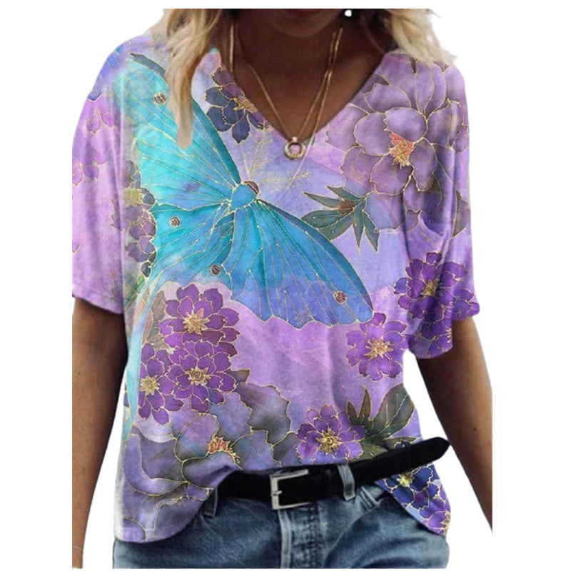 Fashion Women's Printed V-neck Short T-shirt - Amazhona 