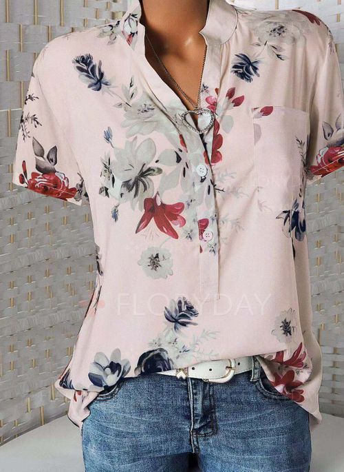 Fashion printed V-neck short sleeve shirt - Amazhona 