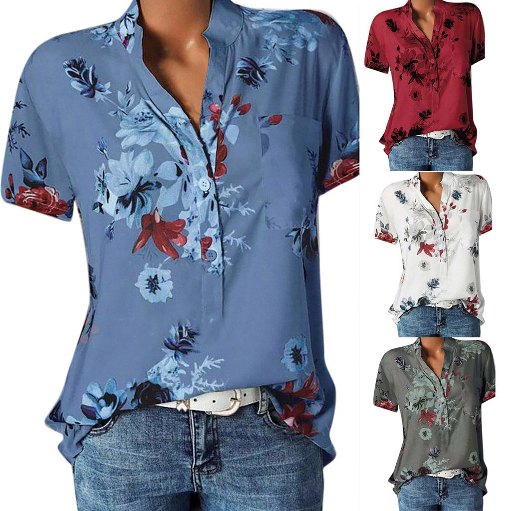 Fashion printed V-neck short sleeve shirt - Amazhona 