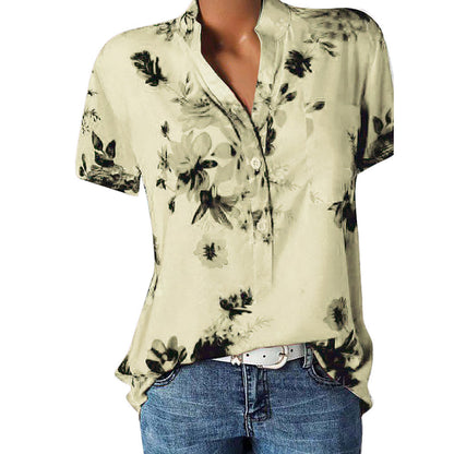 Fashion printed V-neck short sleeve shirt - Amazhona 