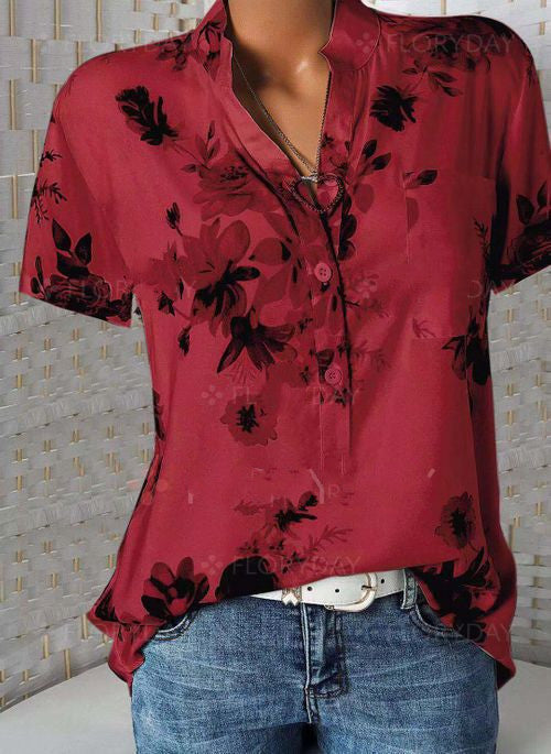 Fashion printed V-neck short sleeve shirt - Amazhona 