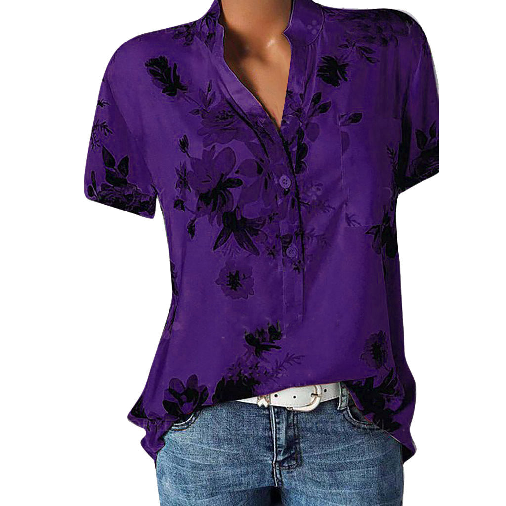 Fashion printed V-neck short sleeve shirt - Amazhona 