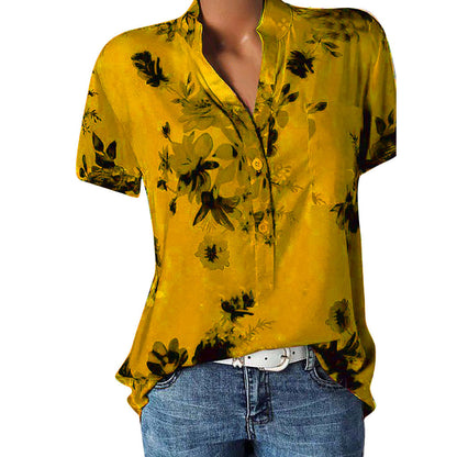 Fashion printed V-neck short sleeve shirt - Amazhona 