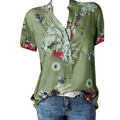 Fashion printed V-neck short sleeve shirt - Amazhona 