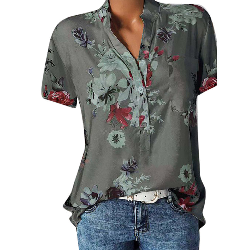 Fashion printed V-neck short sleeve shirt - Amazhona 