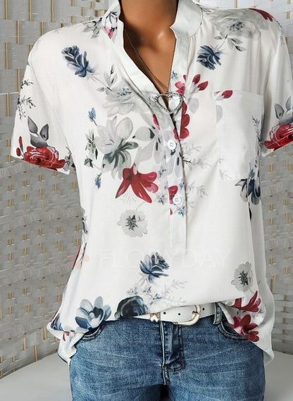 Fashion printed V-neck short sleeve shirt - Amazhona 