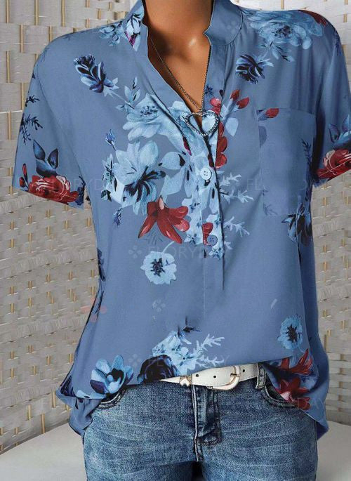 Fashion printed V-neck short sleeve shirt - Amazhona 