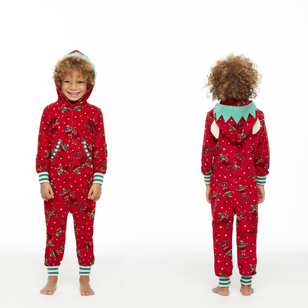 Fashionable Parent-child Hooded Christmas Print Jumpsuit - Amazhona 