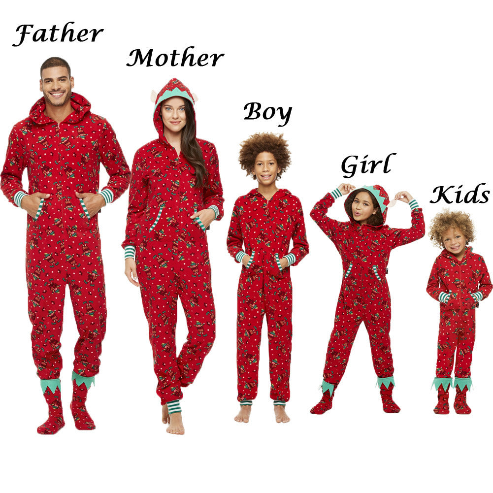 Fashionable Parent-child Hooded Christmas Print Jumpsuit - Amazhona 