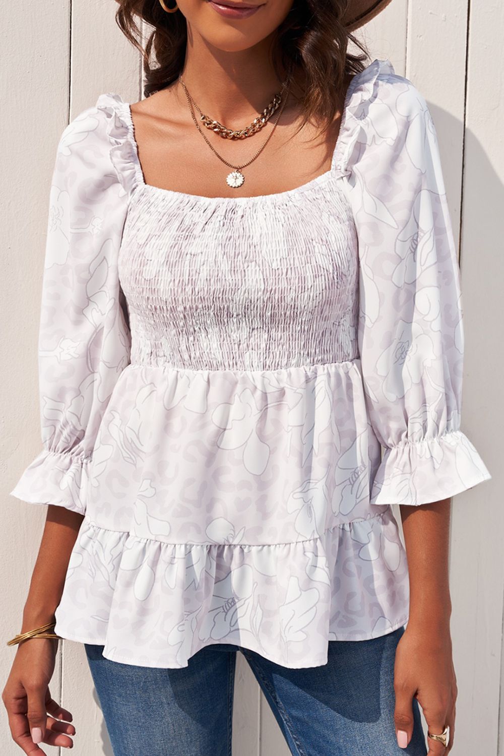 Floral Smocked Ruffled Babydoll Top - Amazhona 