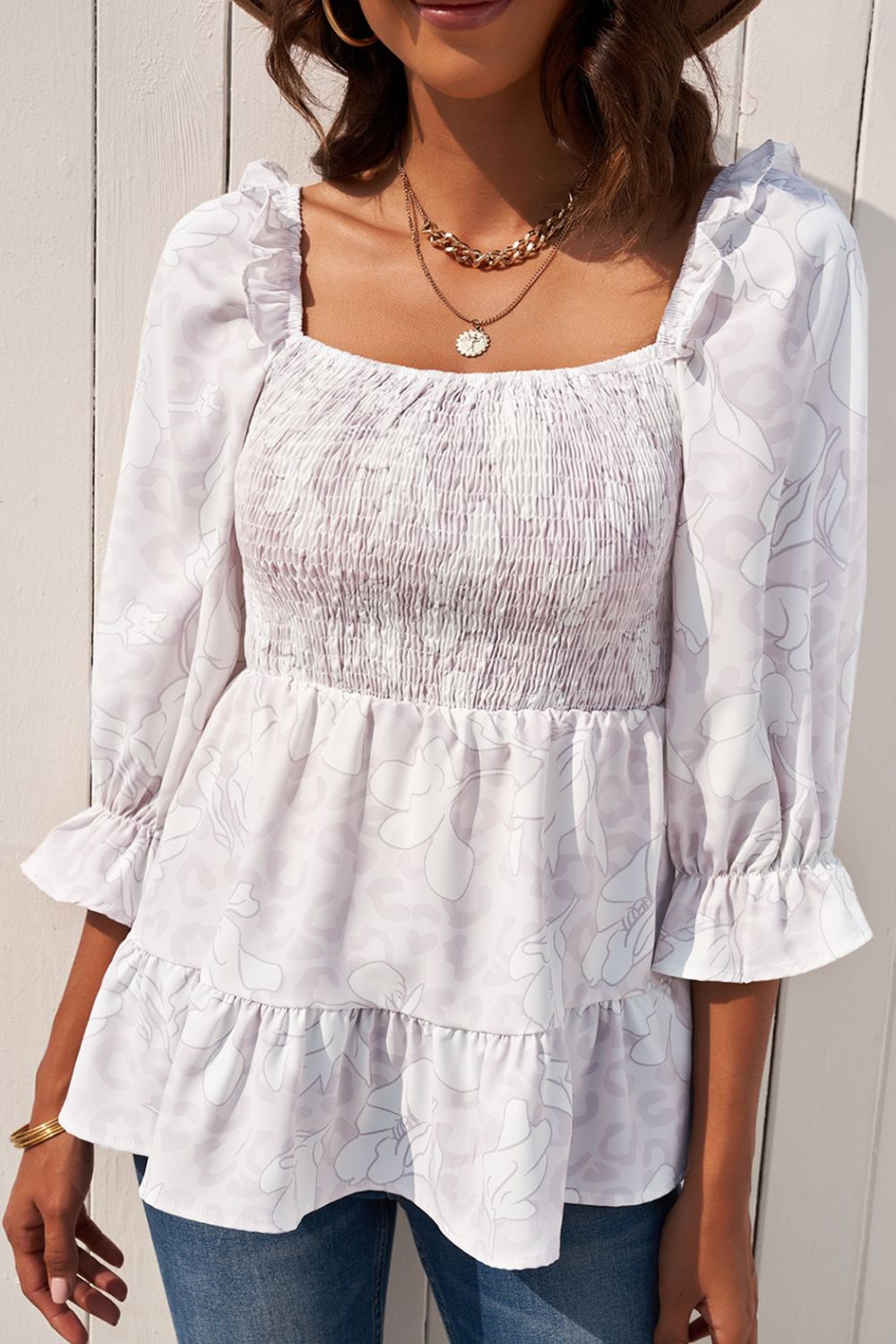 Floral Smocked Ruffled Babydoll Top - Amazhona 