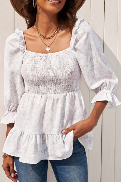 Floral Smocked Ruffled Babydoll Top - Amazhona 