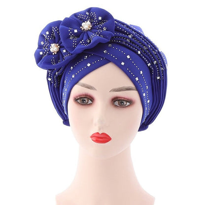 Flowers Sparkling Diamonds Bonnets for Women Already Made Auto Gele Hijab Aso Oke Headtie Scarf Headwraps Turban Hat for African - Amazhona 