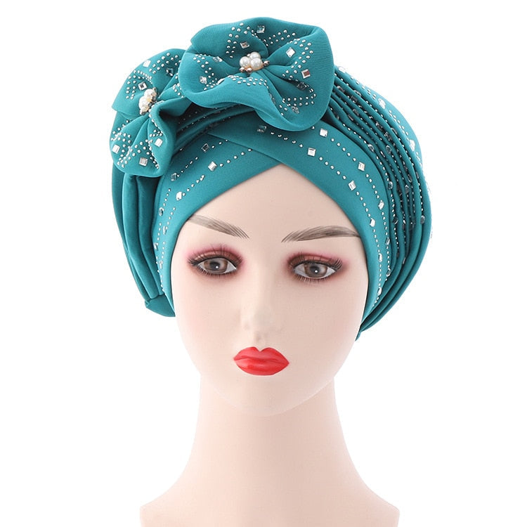 Flowers Sparkling Diamonds Bonnets for Women Already Made Auto Gele Hijab Aso Oke Headtie Scarf Headwraps Turban Hat for African - Amazhona 