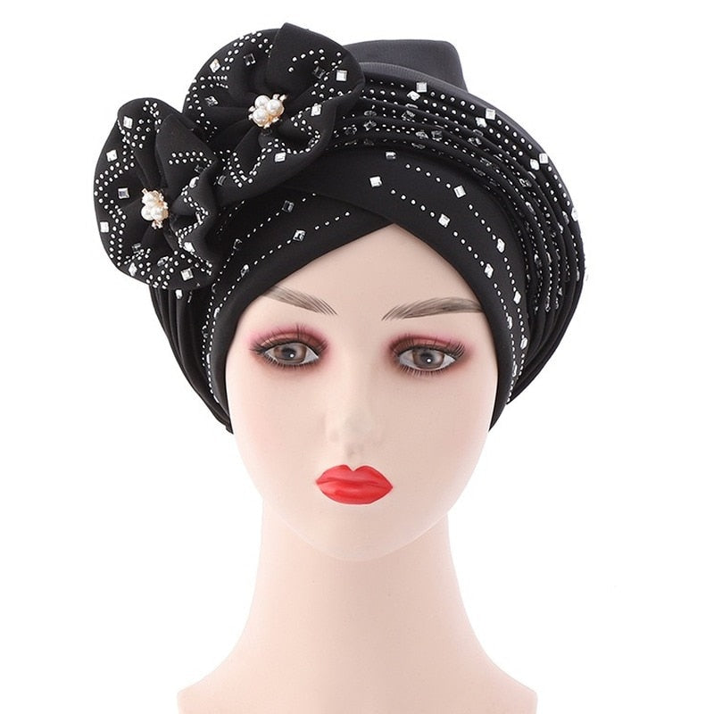 Flowers Sparkling Diamonds Bonnets for Women Already Made Auto Gele Hijab Aso Oke Headtie Scarf Headwraps Turban Hat for African - Amazhona 