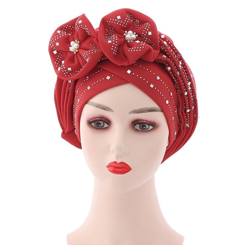 Flowers Sparkling Diamonds Bonnets for Women Already Made Auto Gele Hijab Aso Oke Headtie Scarf Headwraps Turban Hat for African - Amazhona 