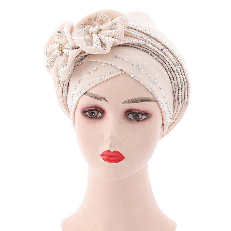 Flowers Sparkling Diamonds Bonnets for Women Already Made Auto Gele Hijab Aso Oke Headtie Scarf Headwraps Turban Hat for African - Amazhona 