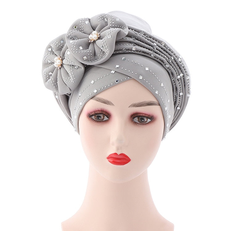 Flowers Sparkling Diamonds Bonnets for Women Already Made Auto Gele Hijab Aso Oke Headtie Scarf Headwraps Turban Hat for African - Amazhona 