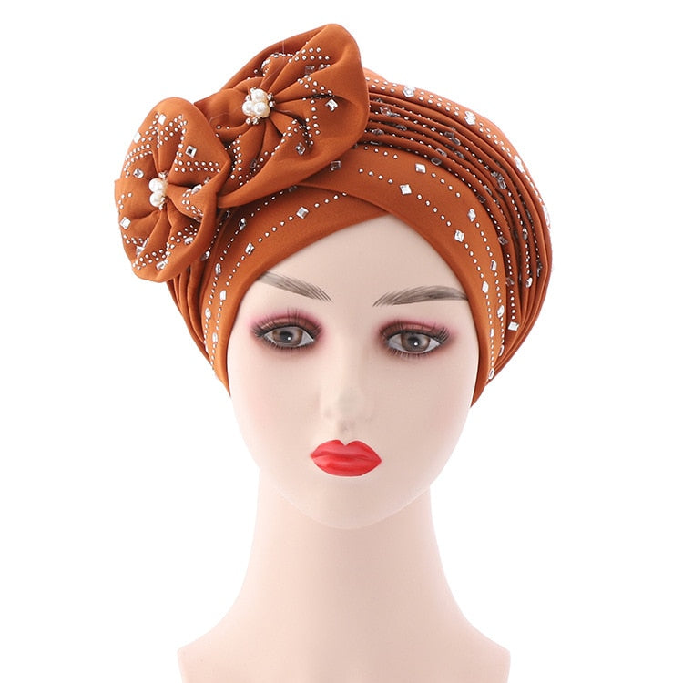 Flowers Sparkling Diamonds Bonnets for Women Already Made Auto Gele Hijab Aso Oke Headtie Scarf Headwraps Turban Hat for African - Amazhona 