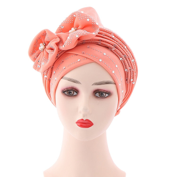 Flowers Sparkling Diamonds Bonnets for Women Already Made Auto Gele Hijab Aso Oke Headtie Scarf Headwraps Turban Hat for African - Amazhona 