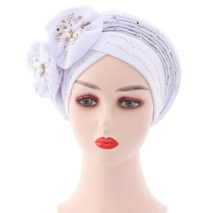 Flowers Sparkling Diamonds Bonnets for Women Already Made Auto Gele Hijab Aso Oke Headtie Scarf Headwraps Turban Hat for African - Amazhona 