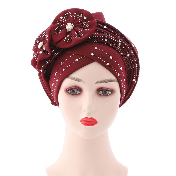 Flowers Sparkling Diamonds Bonnets for Women Already Made Auto Gele Hijab Aso Oke Headtie Scarf Headwraps Turban Hat for African - Amazhona 