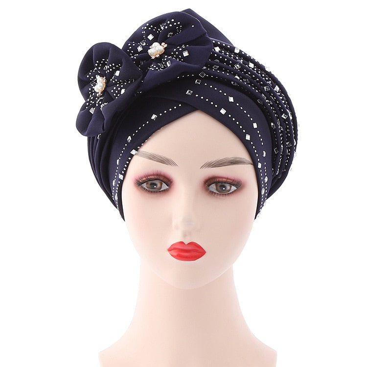 Flowers Sparkling Diamonds Bonnets for Women Already Made Auto Gele Hijab Aso Oke Headtie Scarf Headwraps Turban Hat for African - Amazhona 