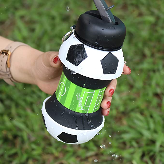 Football Soccer Silicone Water Bottle with Straw Foldable Collapsible Travel Non-toxic Bottles Innovating Camping - Amazhona 