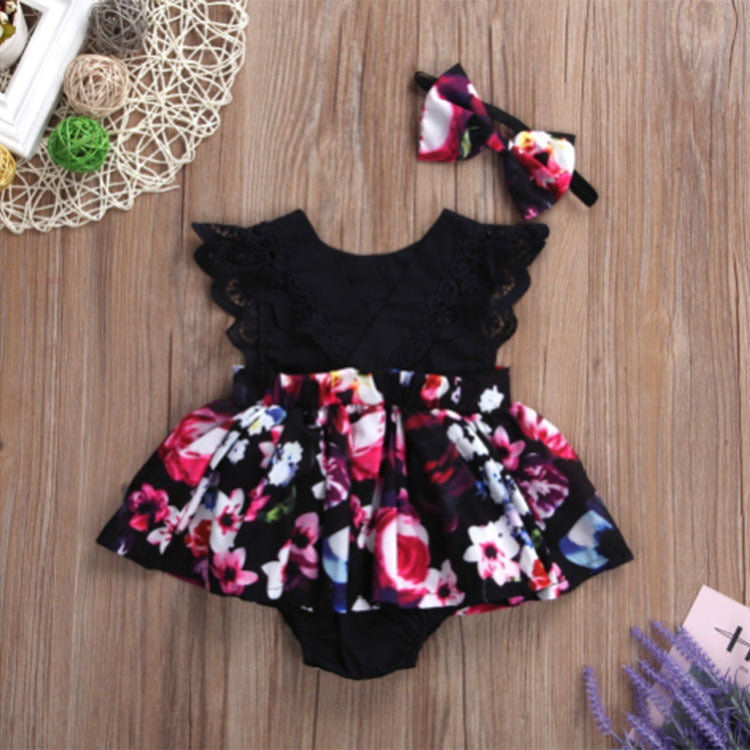 Foreign Trade European Beauty Baby One-Piece Ha Skirt Romper Summer 2021 Short-Sleeved New Style Flying Sleeve Flower Children'S Print - Amazhona 