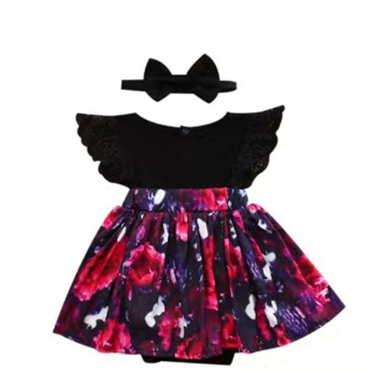 Foreign Trade European Beauty Baby One-Piece Ha Skirt Romper Summer 2021 Short-Sleeved New Style Flying Sleeve Flower Children'S Print - Amazhona 