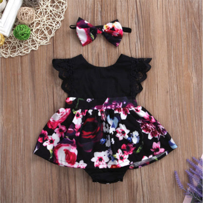 Foreign Trade European Beauty Baby One-Piece Ha Skirt Romper Summer 2021 Short-Sleeved New Style Flying Sleeve Flower Children'S Print - Amazhona 