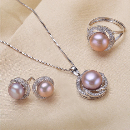 Freshwater Pearl Set Silver Ring Pearl Stud Earrings Pendant - Amazhona 