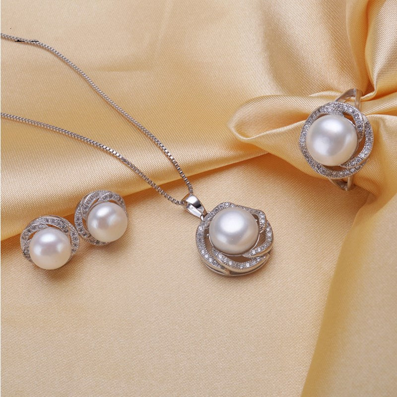 Freshwater Pearl Set Silver Ring Pearl Stud Earrings Pendant - Amazhona 