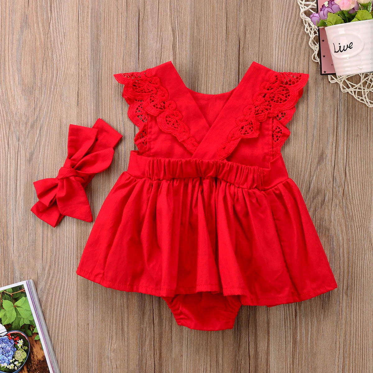 Frilled Red Lace One-Piece Dress For Girls - Amazhona 