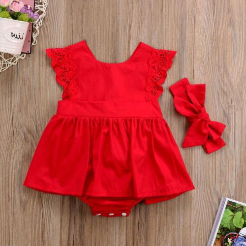 Frilled Red Lace One-Piece Dress For Girls - Amazhona 