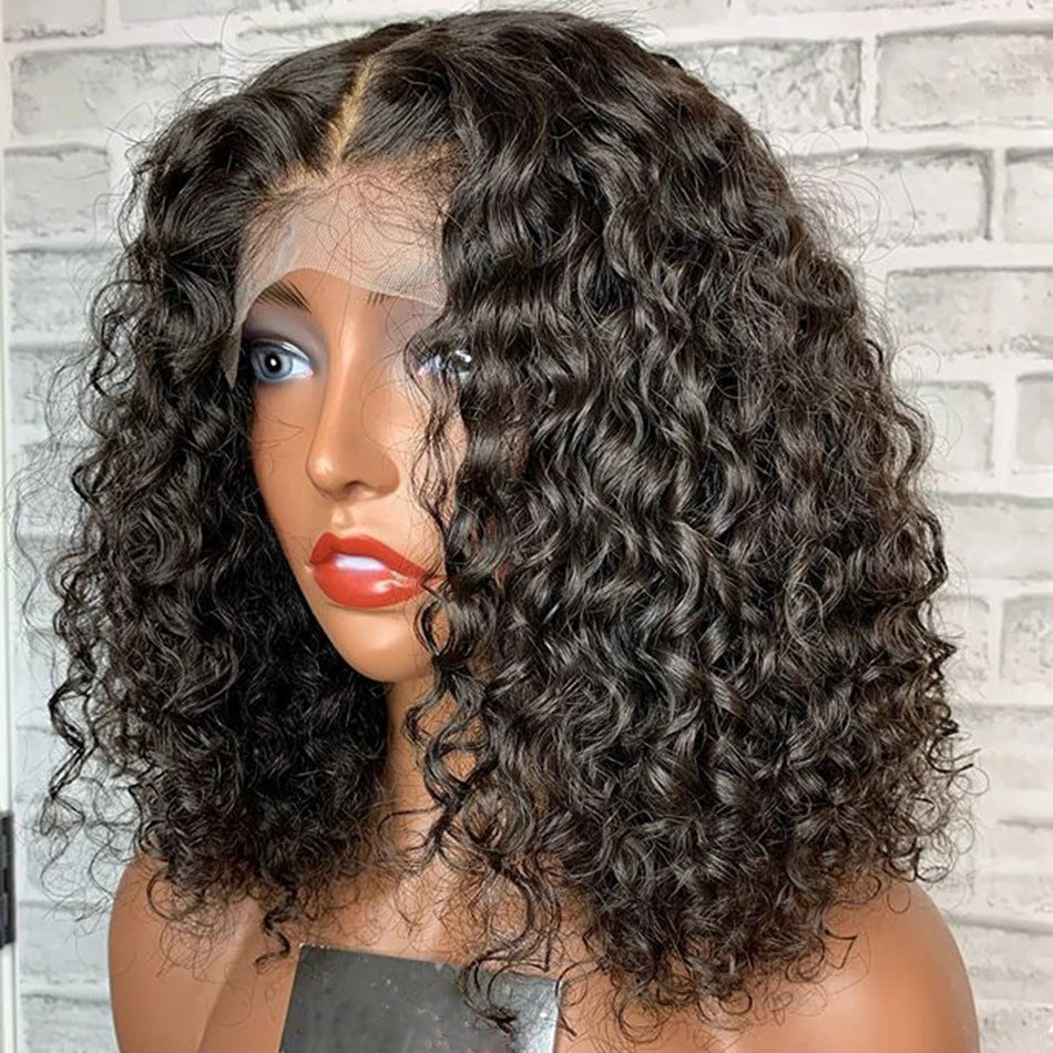 Front Lace Fluffy Black Medium Length Small Curly Wig - Amazhona 