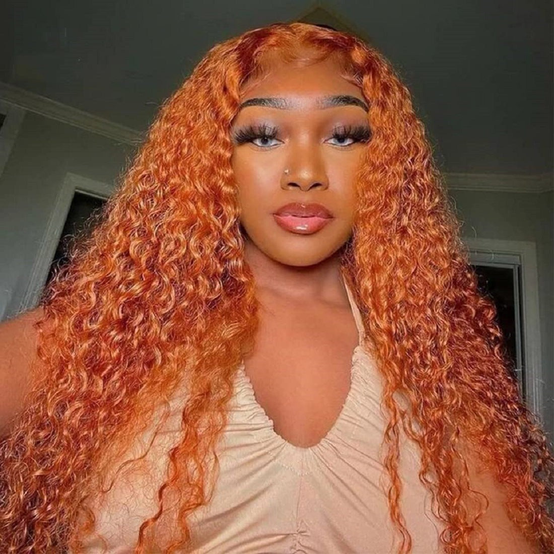 Front Lace Small Curly Orange Curly Hair Chemical Fiber Fake Head Cover - Amazhona 