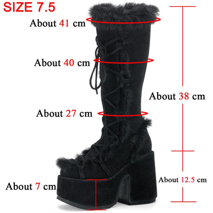 GIGIFOX Black Furry Platform Chunky High Heeled Winter Autumn Knee High Boots Women Faux Fur Zip Gothic Style Punk Shoes Ladies - Amazhona 