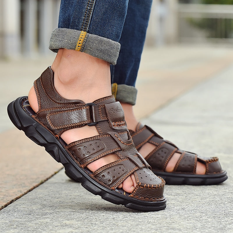 Genuine Leather Casual Shoes For Men High Quality Classic Men Sandals Summer Outdoor Walking Men Sneakers Breathable Men Sandals - Amazhona 