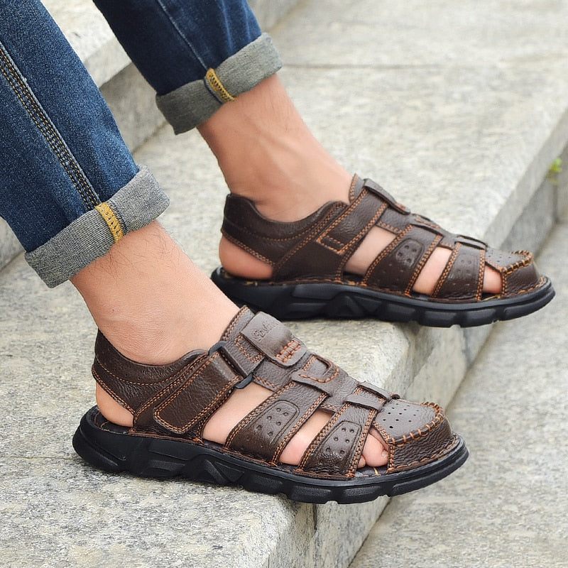 Genuine Leather Casual Shoes For Men High Quality Classic Men Sandals Summer Outdoor Walking Men Sneakers Breathable Men Sandals - Amazhona 