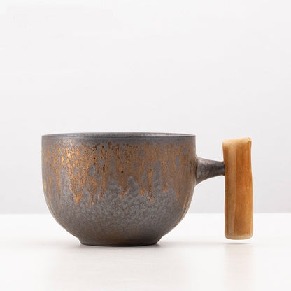 Gilt Stoneware Coffee Cup, Japanese Style Mug, Wooden Handle, Large Capacity - Amazhona 