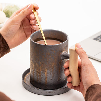 Gilt Stoneware Coffee Cup, Japanese Style Mug, Wooden Handle, Large Capacity - Amazhona 