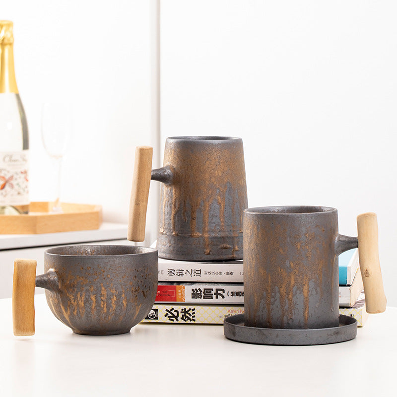 Gilt Stoneware Coffee Cup, Japanese Style Mug, Wooden Handle, Large Capacity - Amazhona 