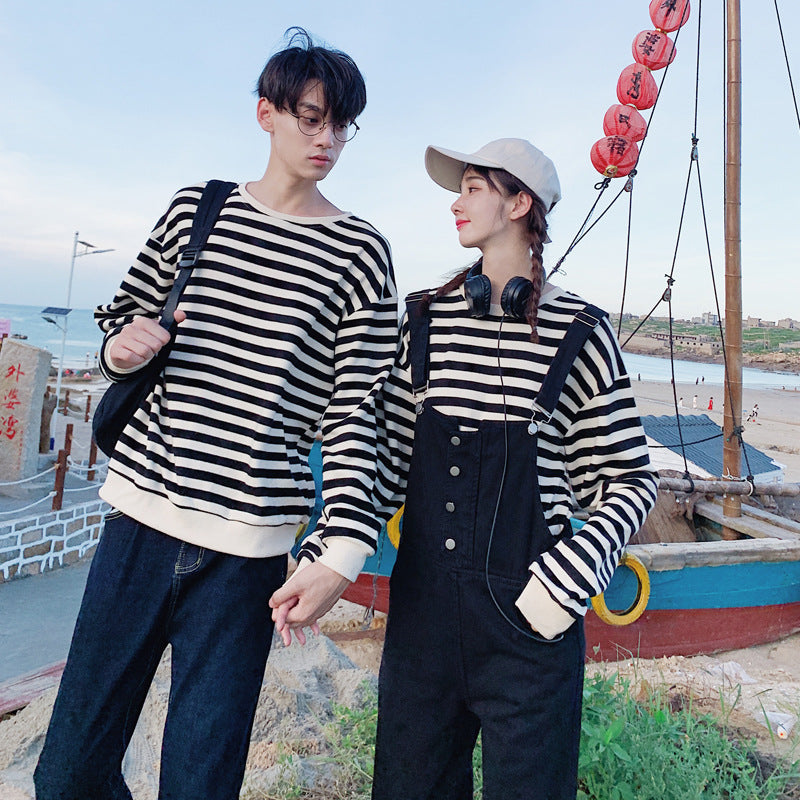 Girlfriend Boyfriend Stripe Drop Shoulder Sweatshirt Overalls - Amazhona 