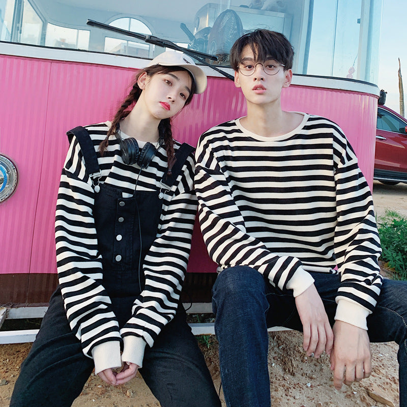 Girlfriend Boyfriend Stripe Drop Shoulder Sweatshirt Overalls - Amazhona 