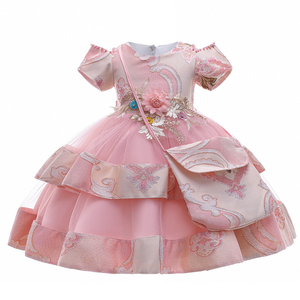 Girls Dress Embroidered Princess Dress Wedding Multi-layer Puffy Dress Costume With Bag - Amazhona 